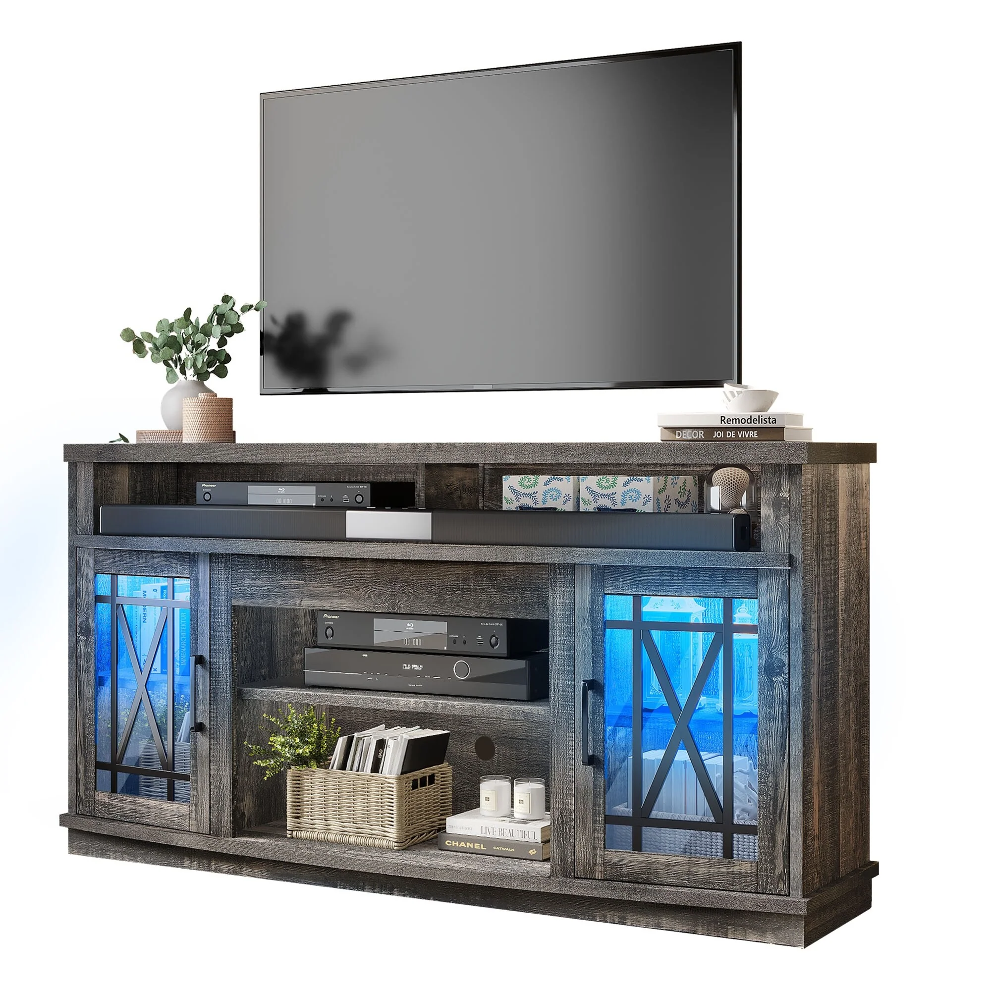 Moasis 59-inch Highboy 2-Door LED Lights TV Stand for TVs up to 70 Inches