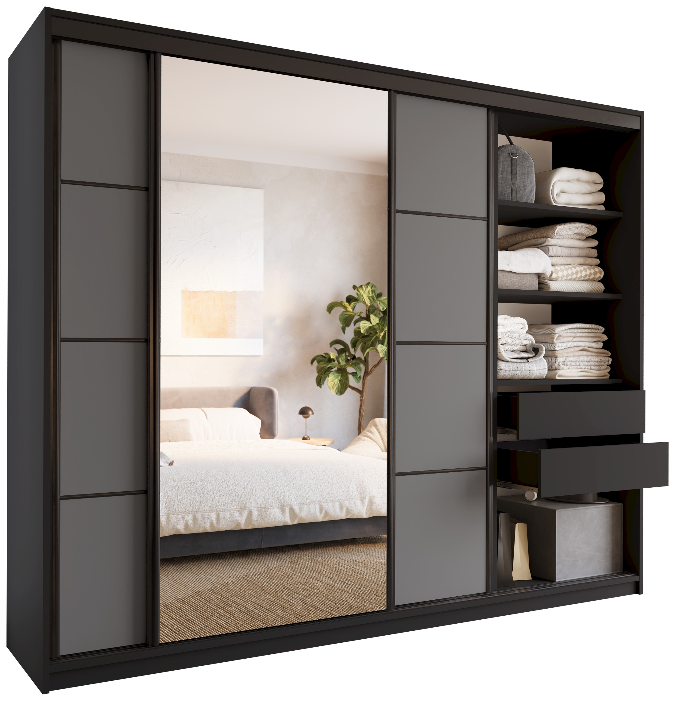 Szafa przesuwna z lustrem 250 cm LOFT z półkami