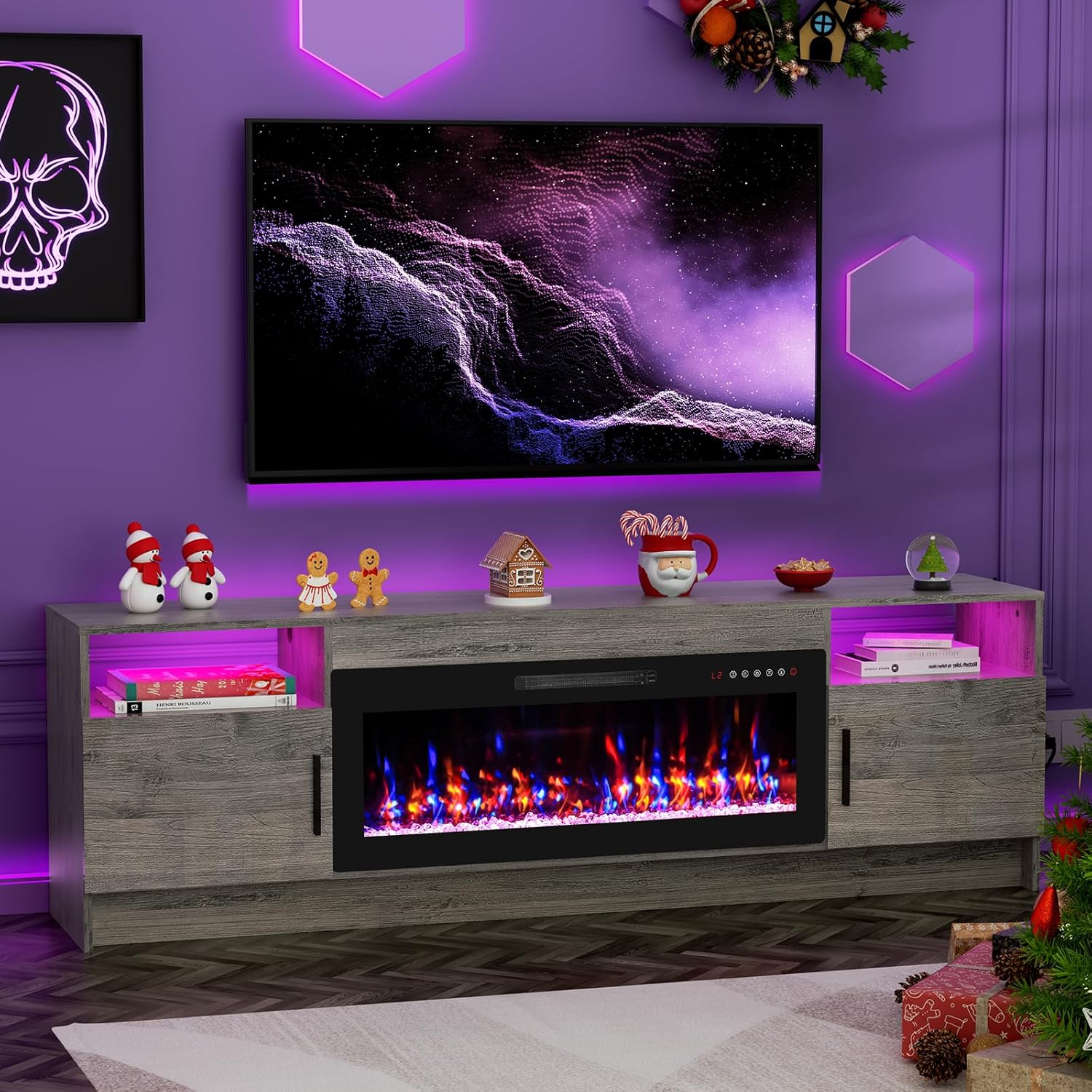 BREEZEHEAT 70 inch TV Stand with Fireplace-Led Entertainment Center for TVs Up to 80 Inch-Fireplace Console with Storage Cabinets, Metal Handles, Rustic TV Stand for Living Room-Grey
