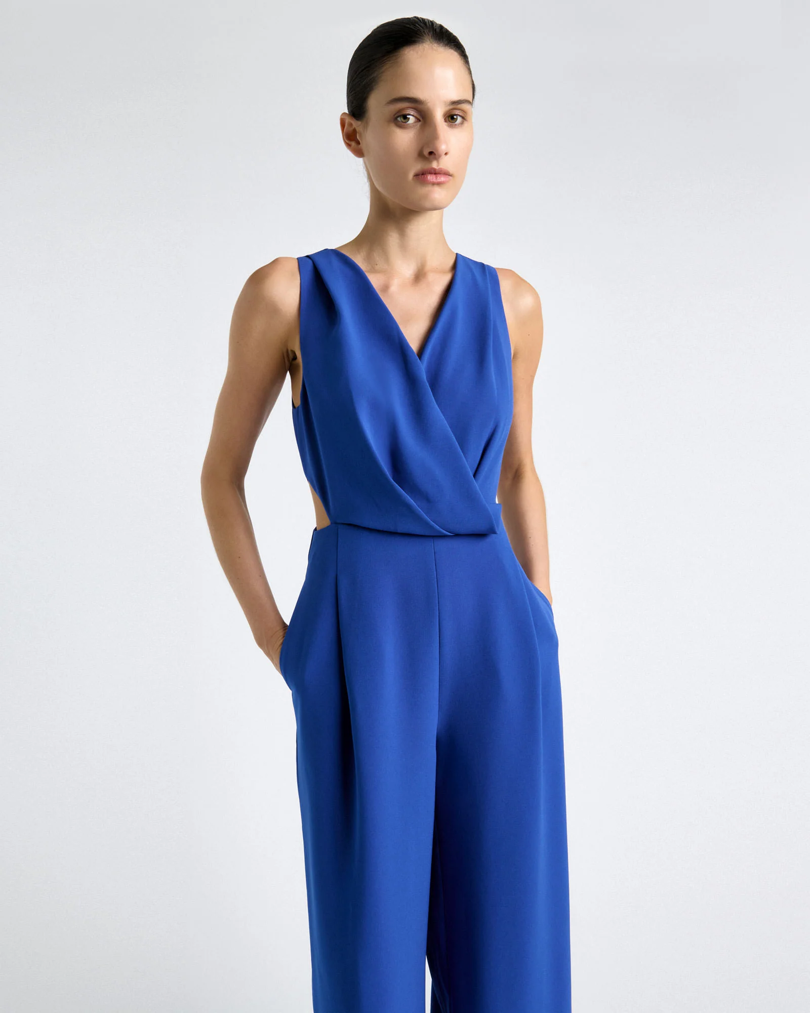 Cobalt Draped V-Neck Wide Leg Jumpsuit