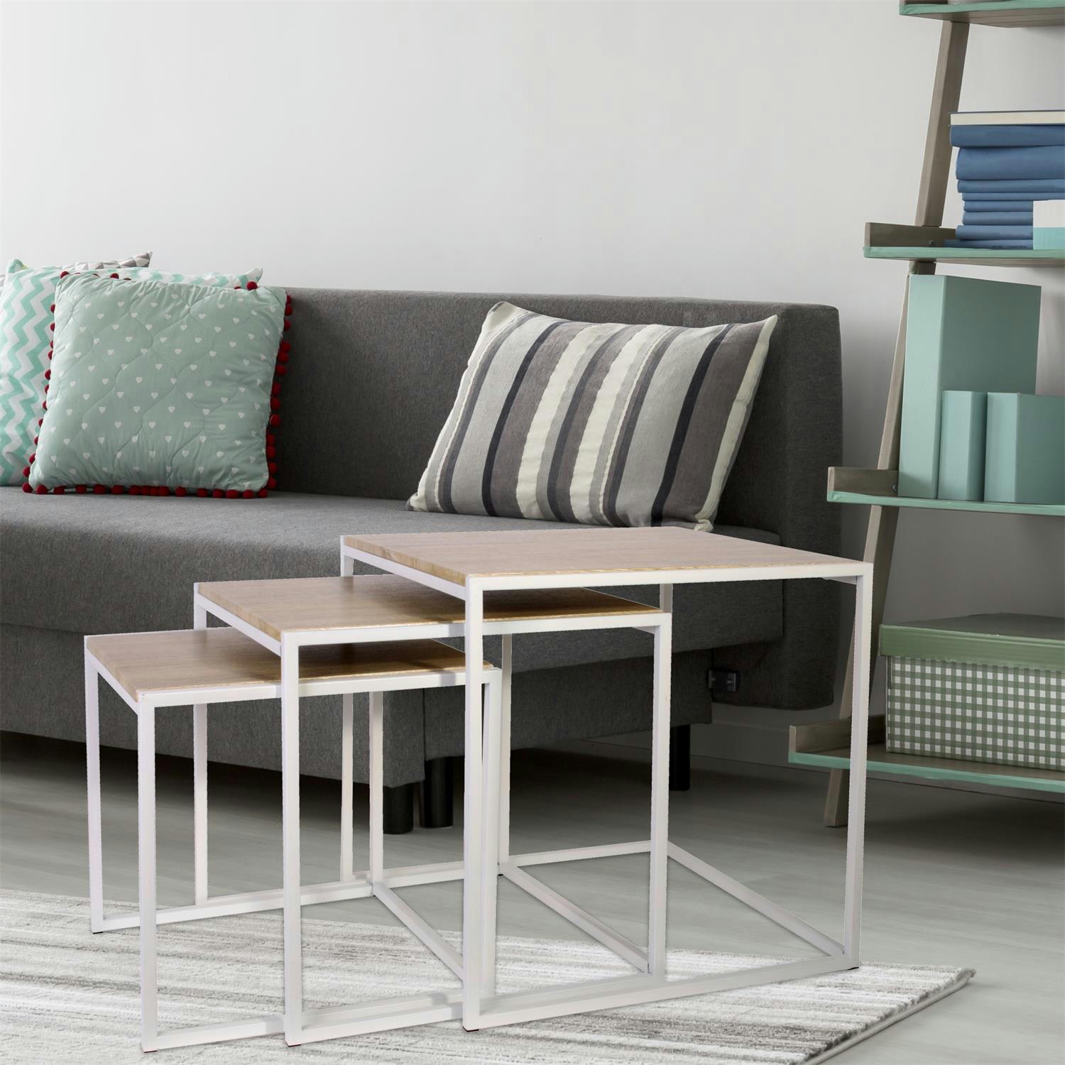 - Tables carrées gigognes métal et bois (lot de 3) blanc