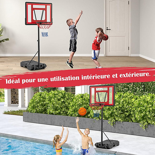 Panier de Basket pour Piscine But de Basket Portable et Cerceau Réglable en Hauteur avec Roues et Base Remplissable Rouge
