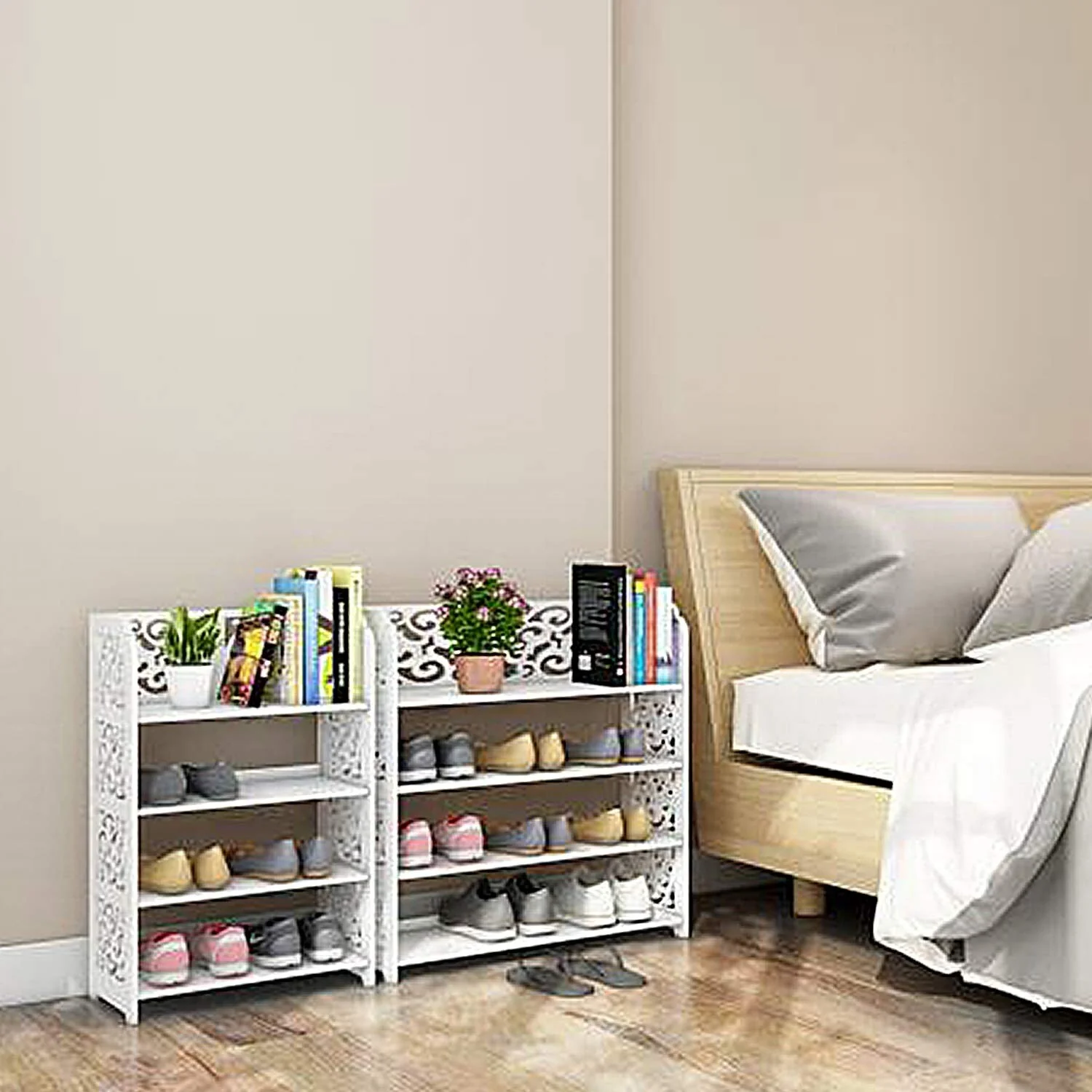 Environmental 4 Tiers WPC Multipurpose White Shoe Rack & Book Shelf