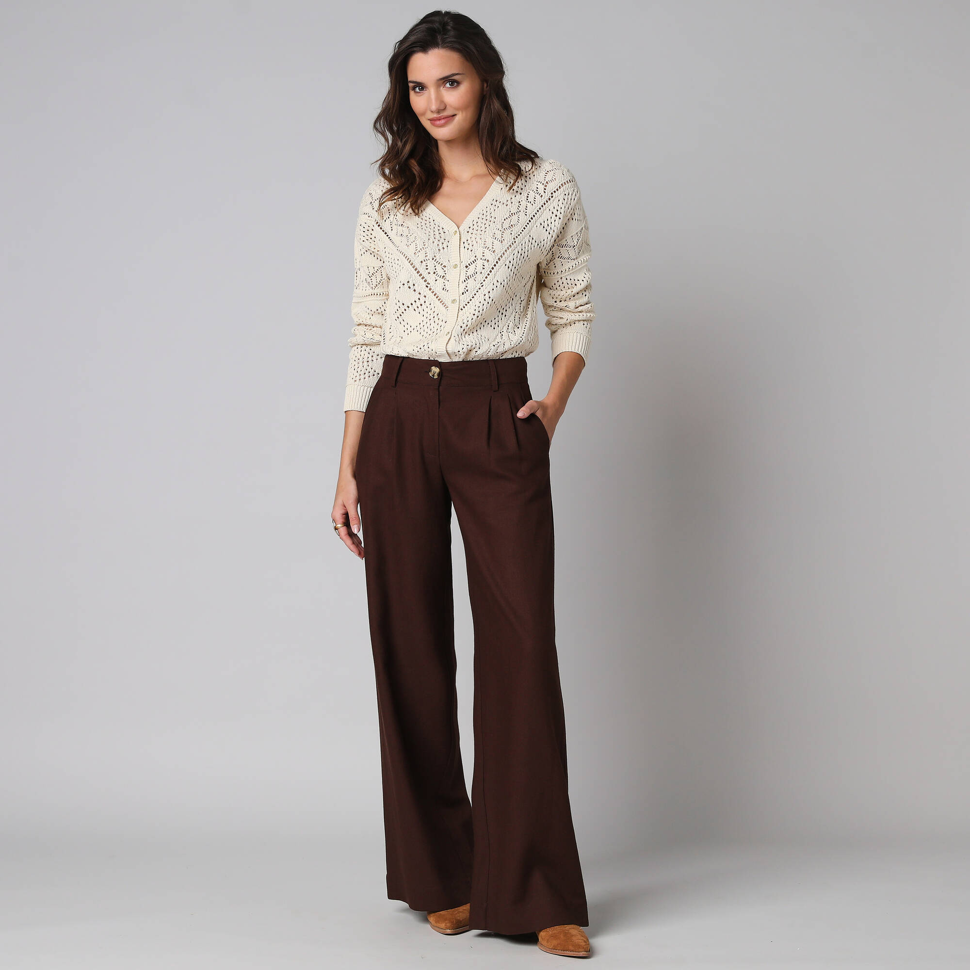 Pantalon large à pinces uni, en viscose-lin