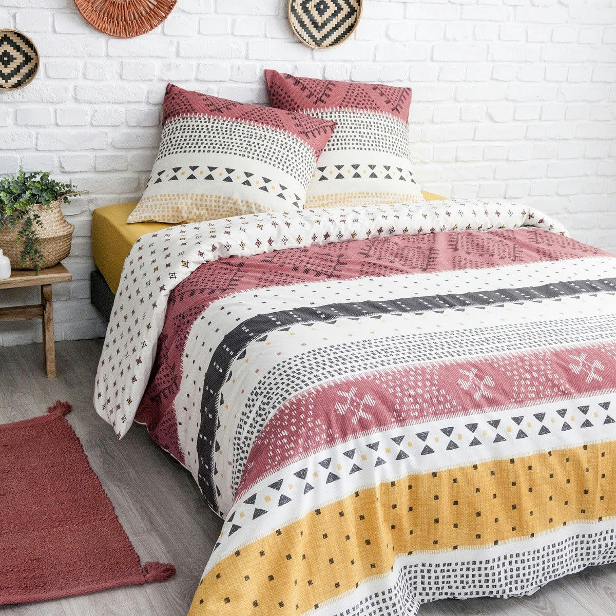 CHAMAREL - Parure de lit 1 personne coton  imprimé blanc 140x200cm