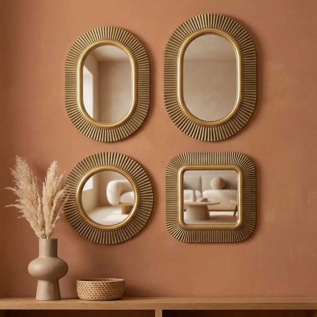 Decorative Wall Mirrors, Vintage Gold Ribbed Frame, Oval & Round Mirror Set, Gallery Wall Decor, Boho Modern Home