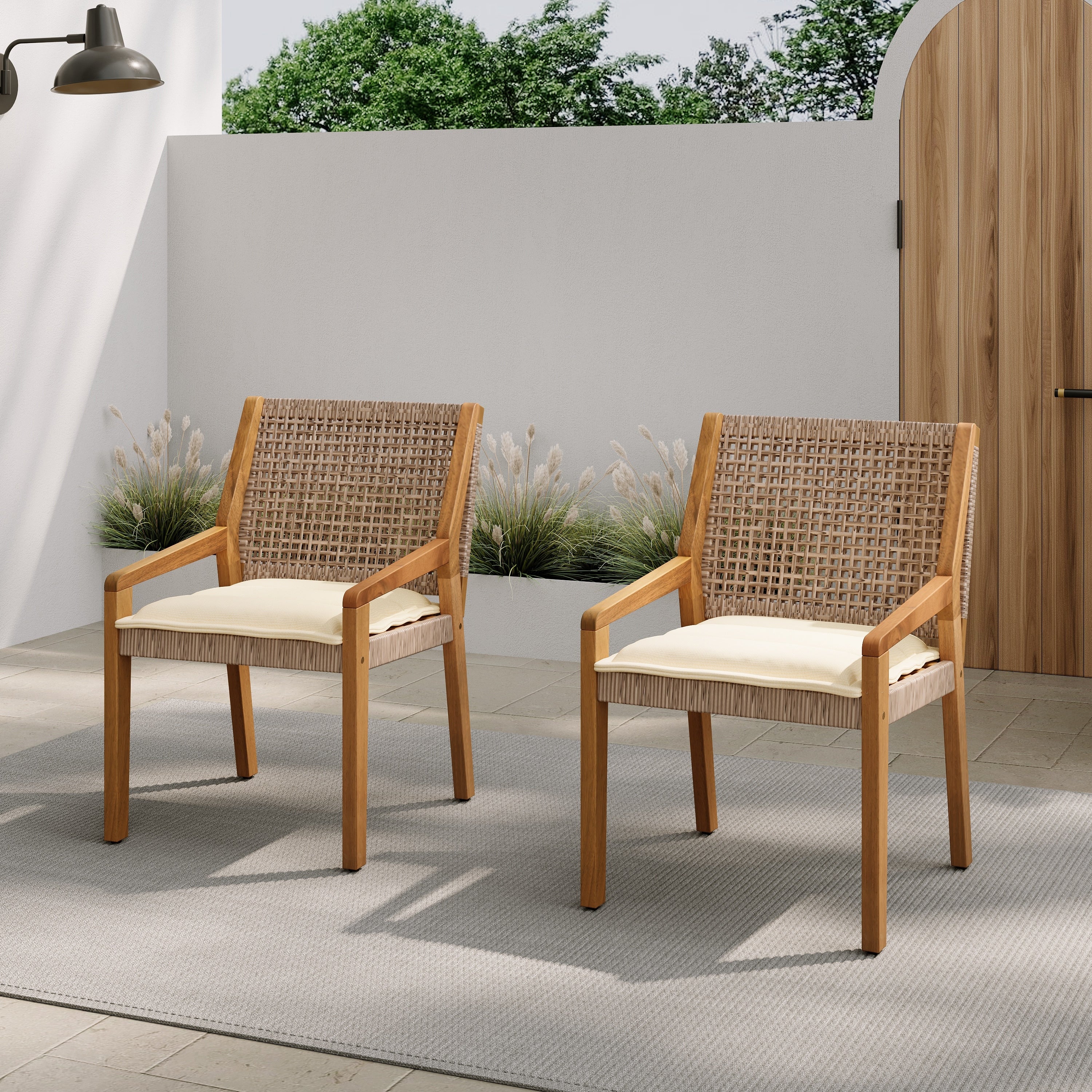 OUTDOOR DINING CHAIR -Acacia Wood & Wicker with Cream Cushion Patio Furniture-Teak finish & wicke Brown -MP2(set of 2)