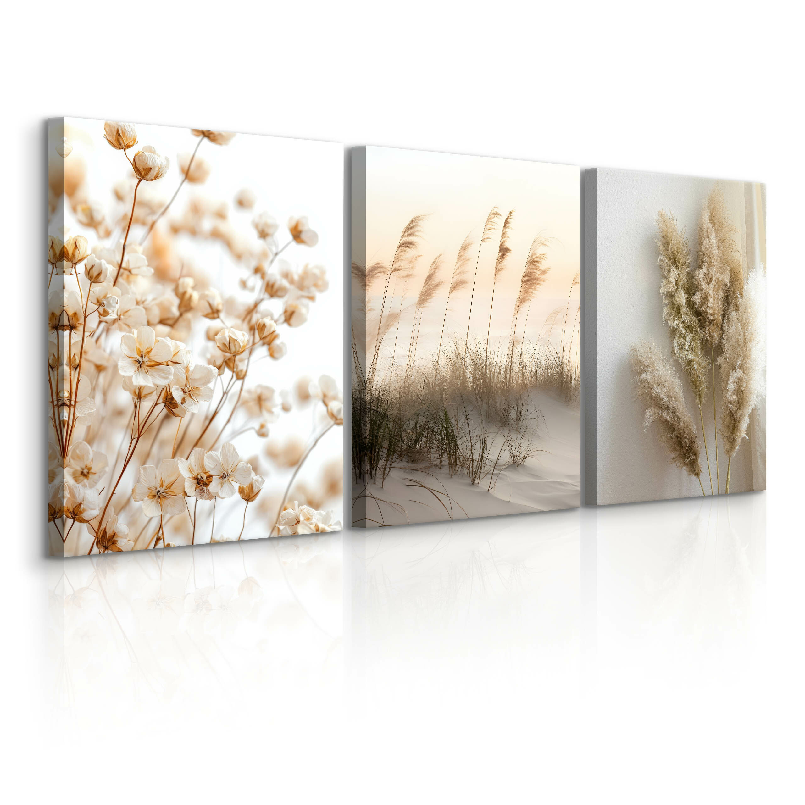 3x Obraz Set Plaża Wydmy Trawa Pampasowa Kwiaty W Stylu Boho 30x40cm