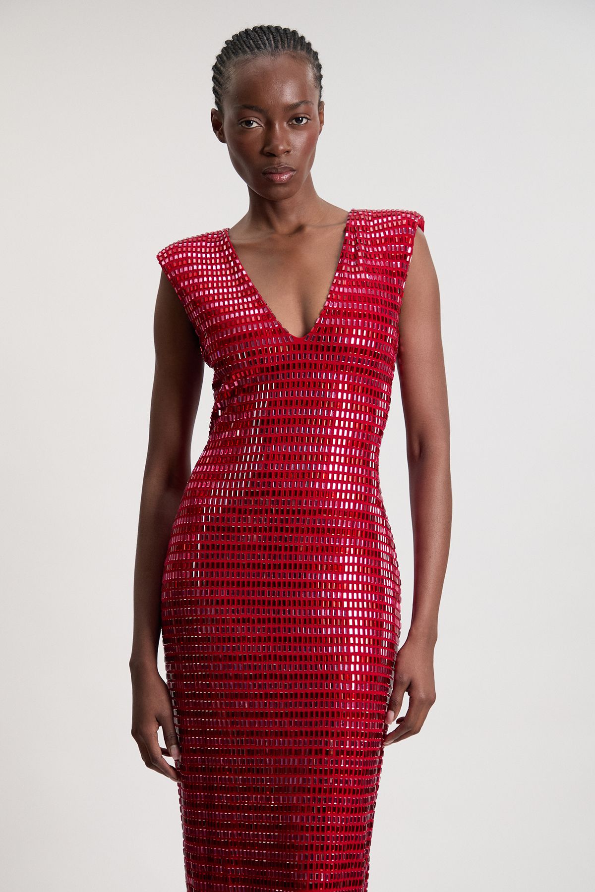 KarenMillen Premium Crystal Embellished Jersey Sleeveless Plunge Neck Midi Dress