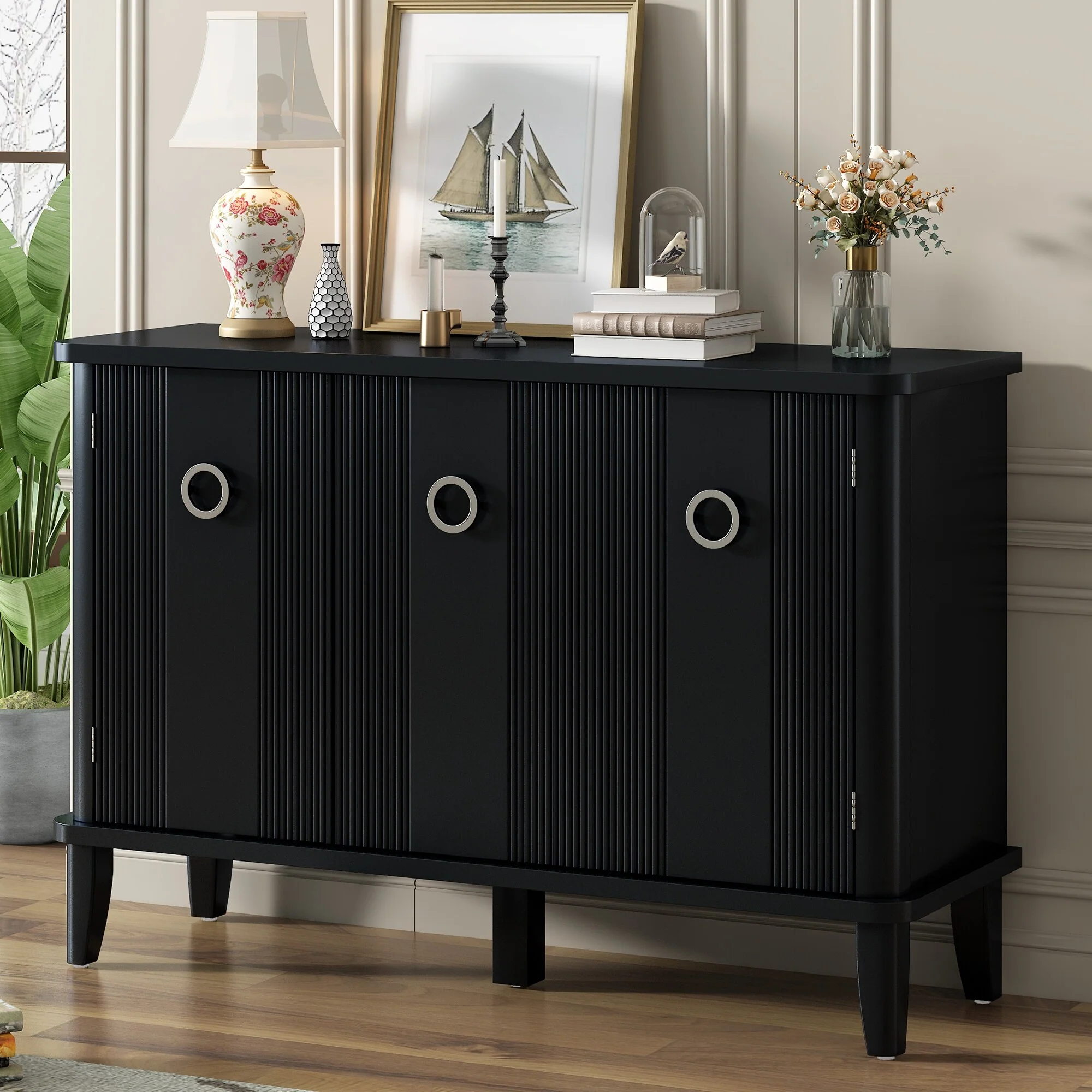 Modern Acacia Solid Sideboard with Adjustable Shelves, Storage Cabinet with Round Alloy Door Handle for Corridors