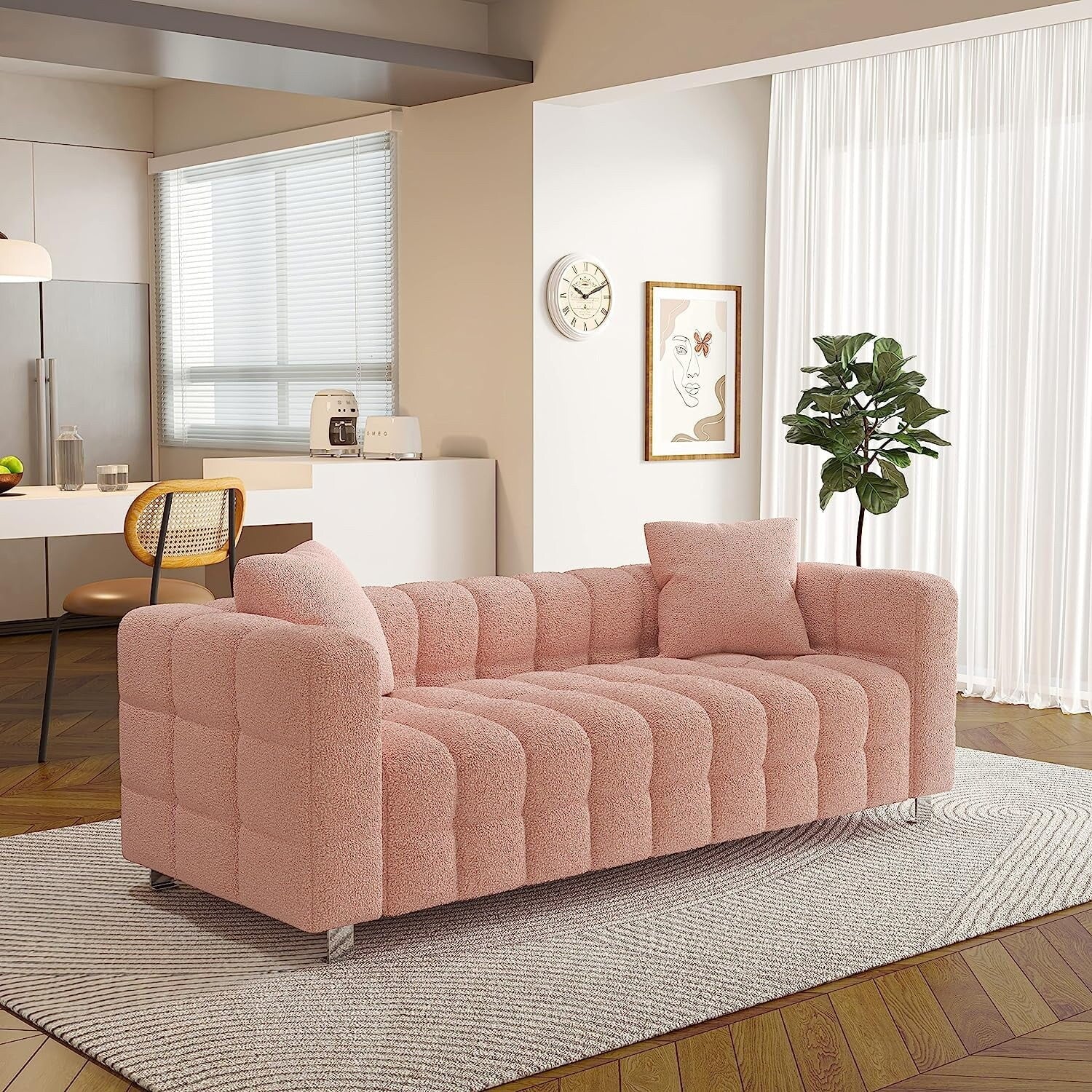 Modern Bubble Upholstered Couch Sofa with Metal Base Legs and 2 Pillows for Living Room and Guest Room