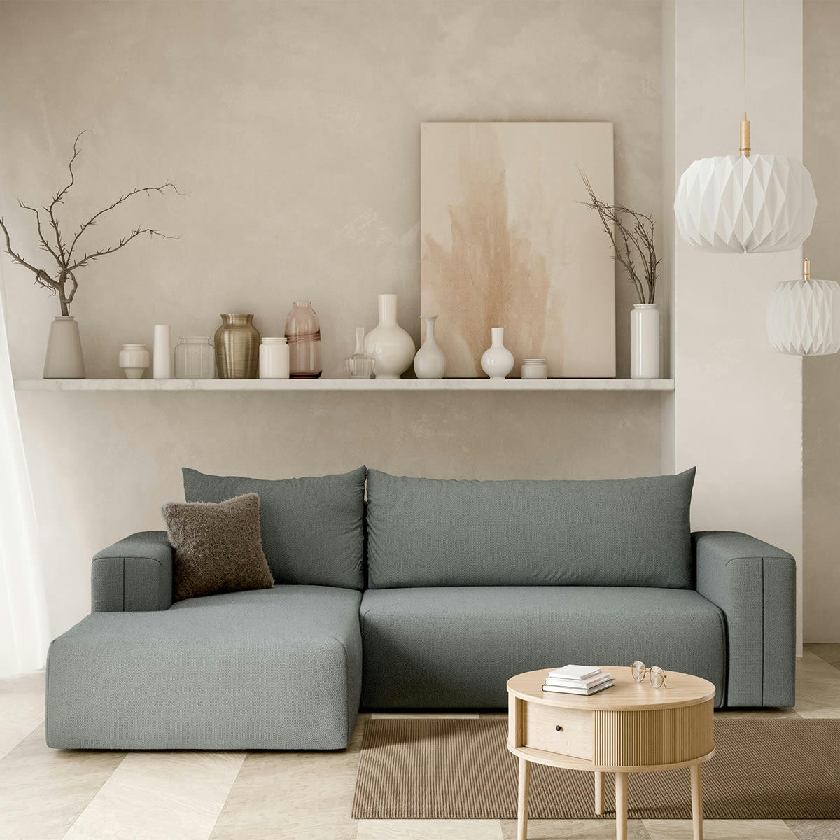 - Canapé d'angle convertible gauche 3 places coffre gris