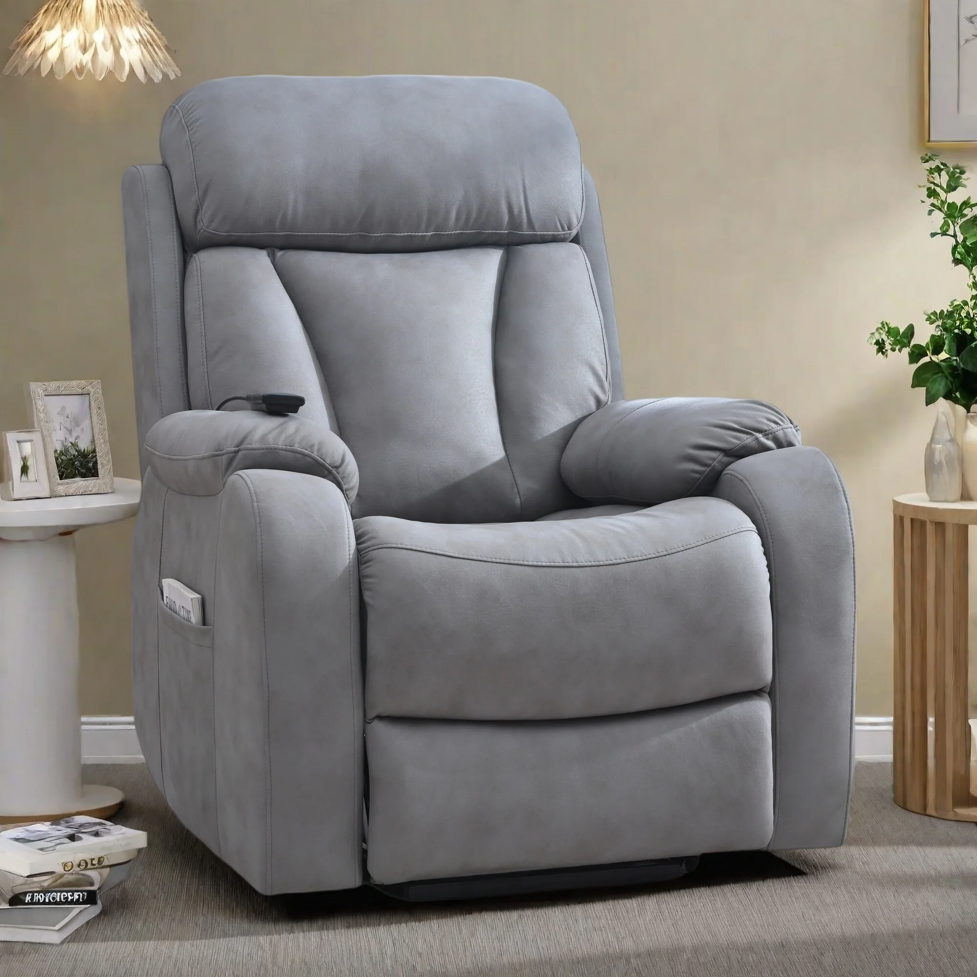 Recliner Chair Wide Seat with Overstuffed Pillows, Remote Control and Side Pocket