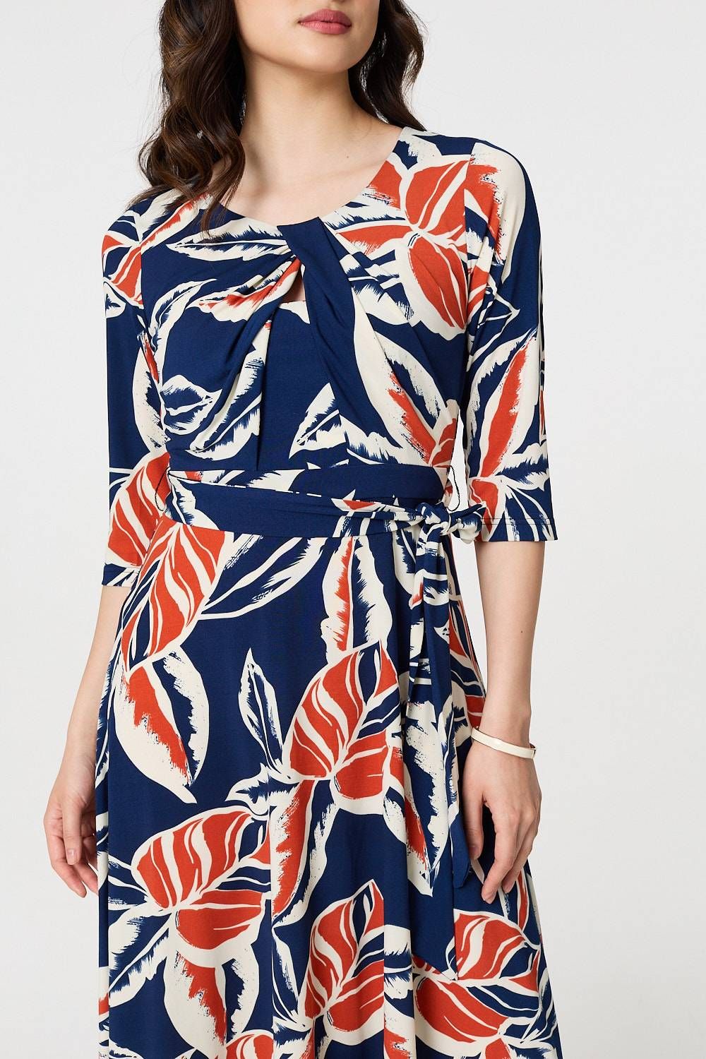 Izabel London Floral Ruched 3/4 Sleeve Midi Dress
