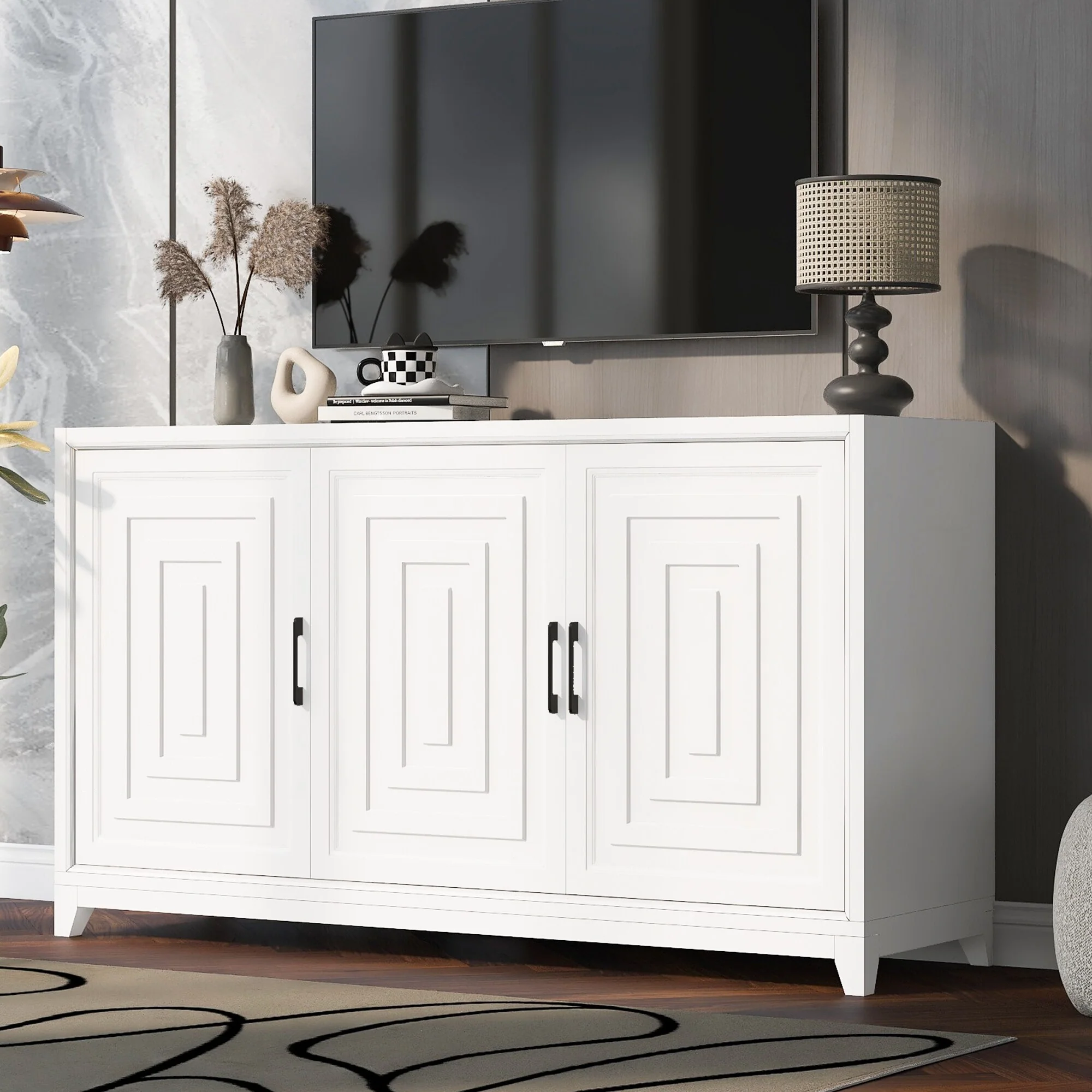 Media Console Cabinet Entertainment Center with 2 Spacious Storage Space, Solid Wood Legs