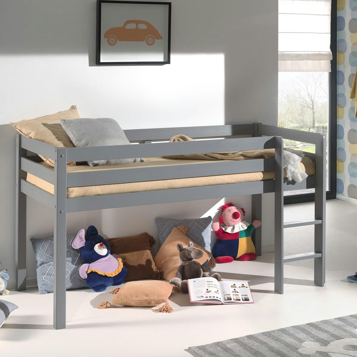 PINO - Lit mi-hauteur 90x200 sommier inclus gris