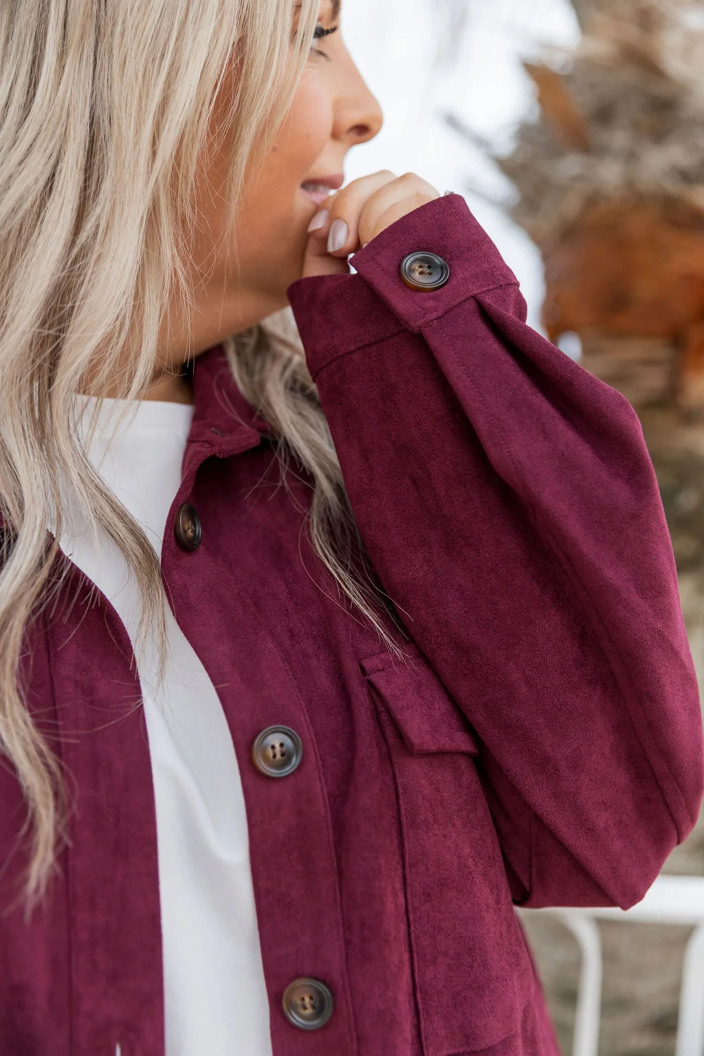 Elsia Shacket in Burgundy Faux Suede