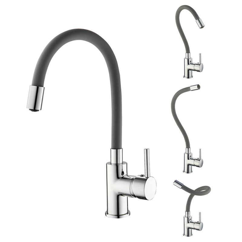 Mitigeur pour évier de cuisine Ilo avec bec articulé à mémoire de forme chrome et gris ROUSSEAU