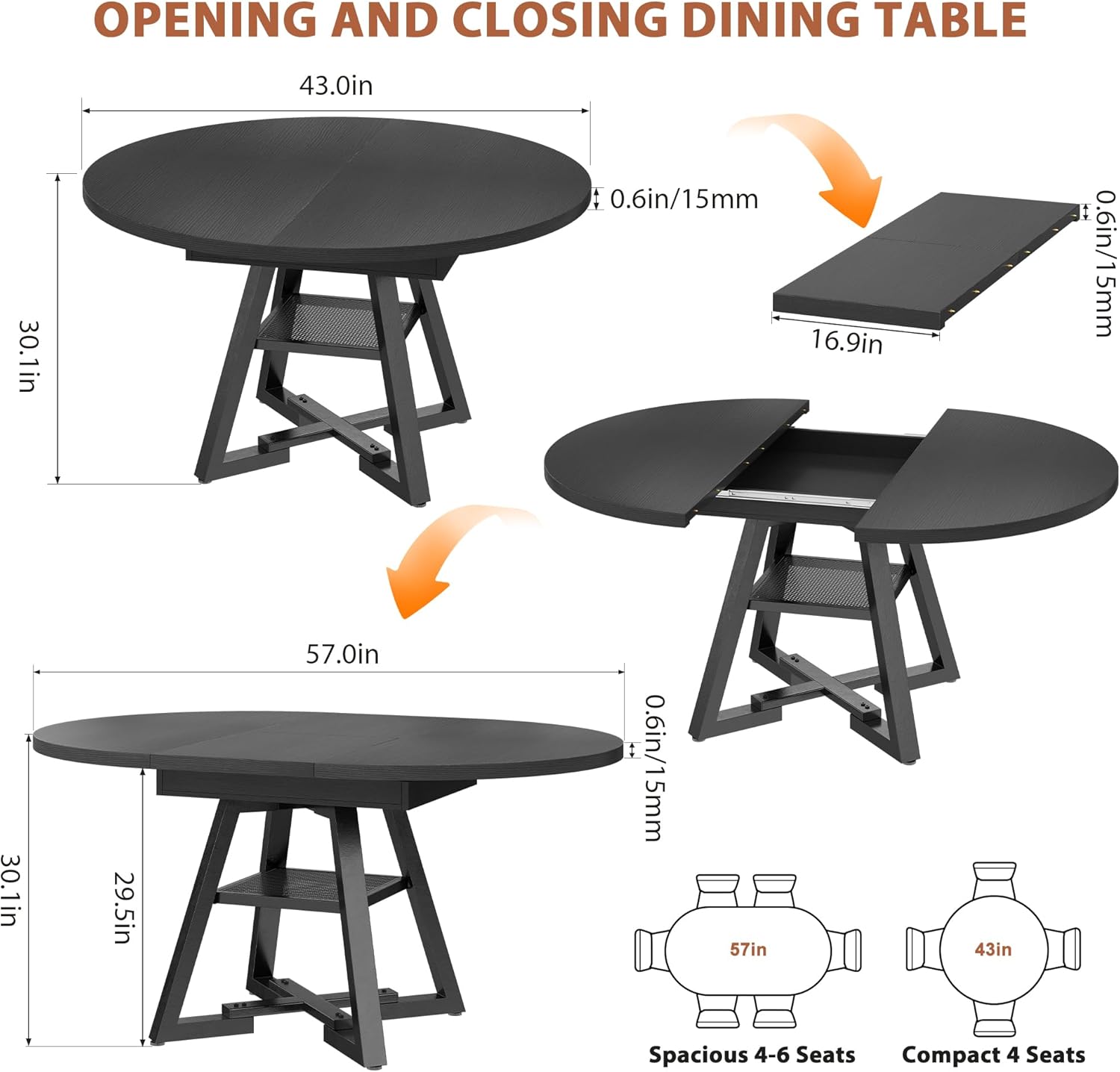 43‘’-57‘’ Extendable Round Dining Table for 4-6, Modern Industrial Kitchen Oval Dining Table with Removable Leaves, Space Saving Pedestal Base with Storage Shelf for Kitchen Living Room (Black)