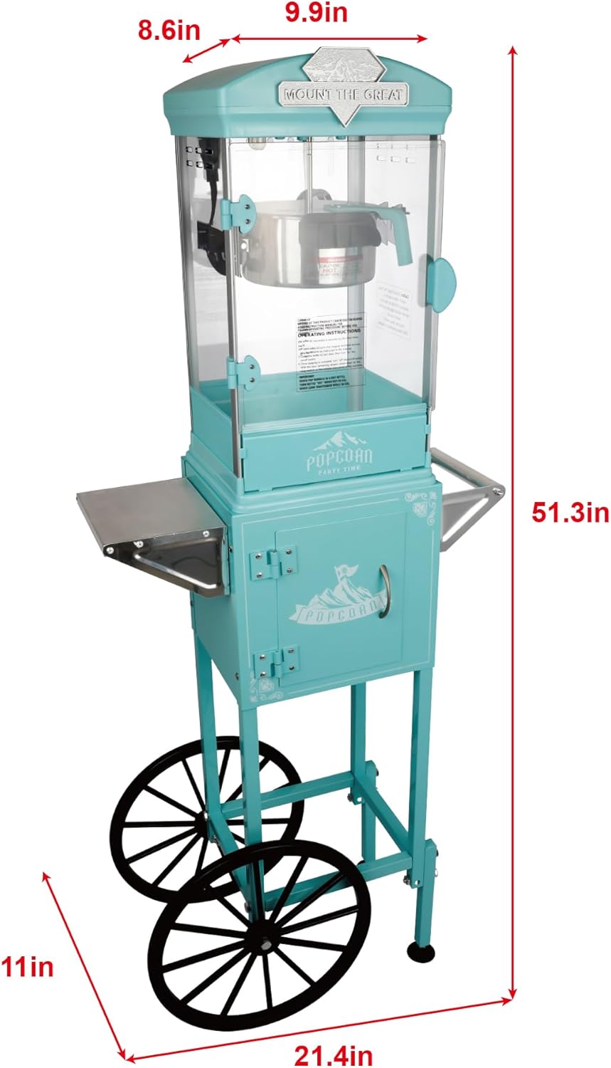 8 Oz Popcorn Machine with Cart (Cyan) - Vintage Popcorn Maker - One Touch Operation, Makes Up to 30 Cups for Movie Nights, Party, Events