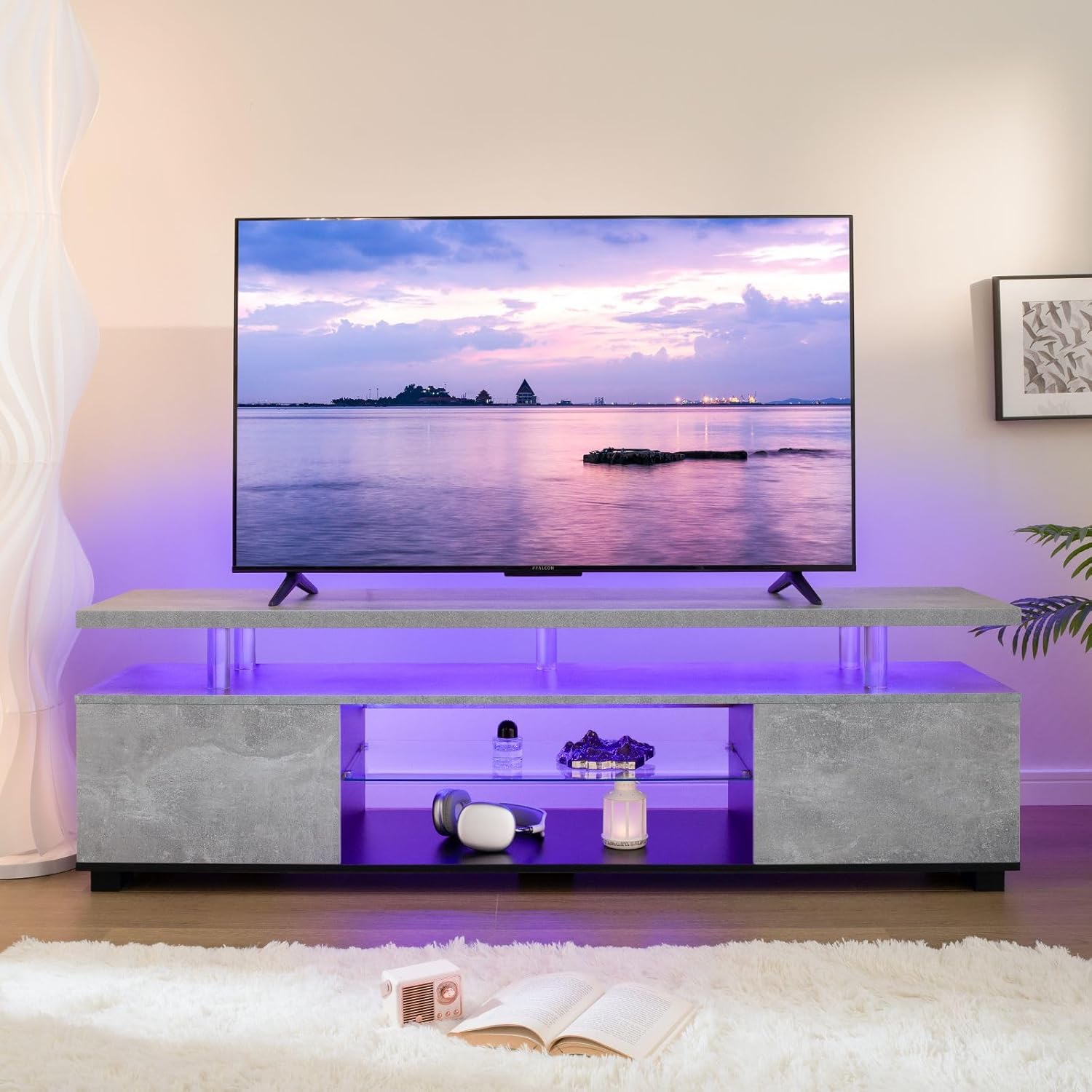 TV Entertainment Center LED TV Stand, Gaming Center for 65 70 75inch TV, Black Grey TV Stand with Storage, TV Console for Gaming Living Room, Bedroom and Playroom