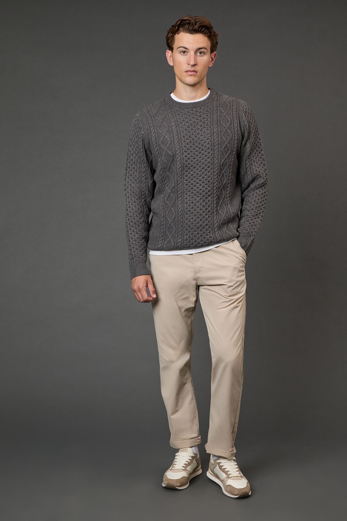 Burton Mid Grey Chunky Cable Crew Neck Jumper