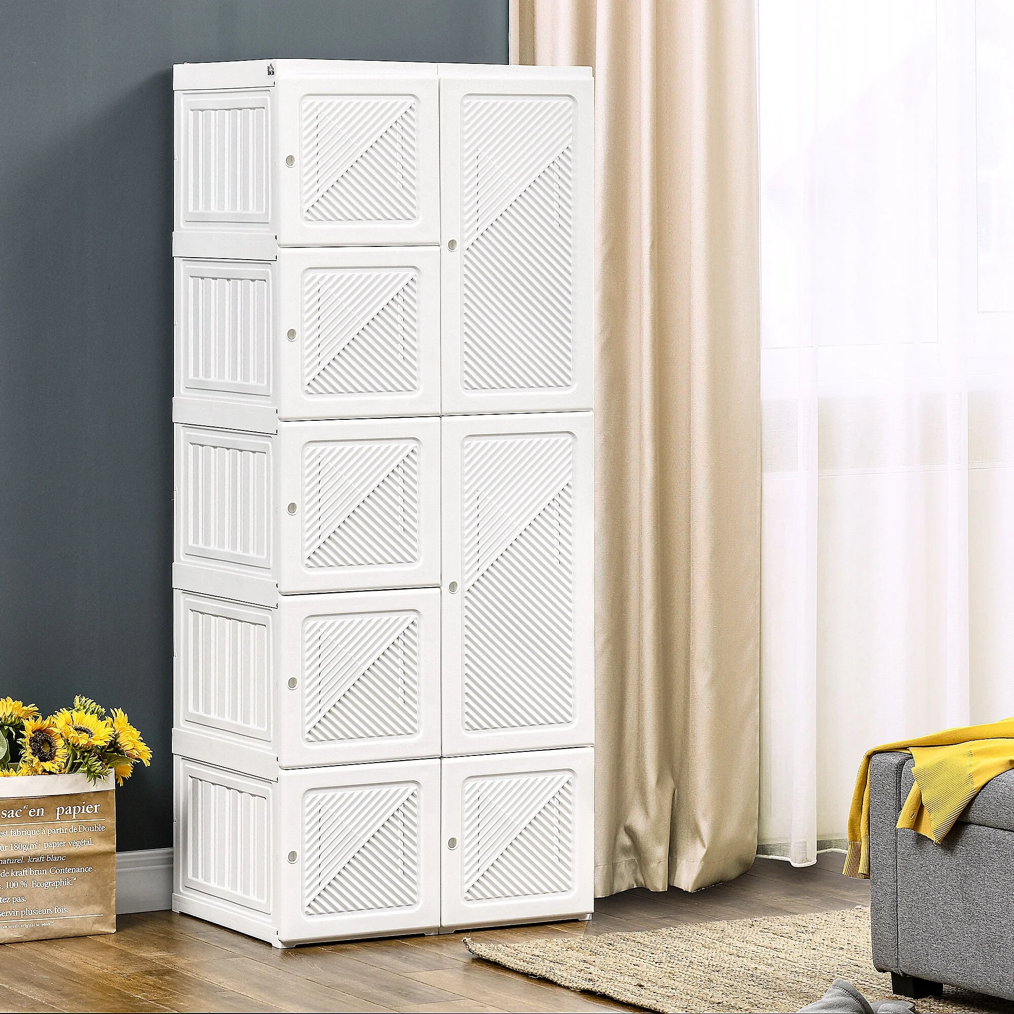 27.25 Modern Folding Armoire with 8 Cube Compartments, Hanging Rod and Magnet Doors