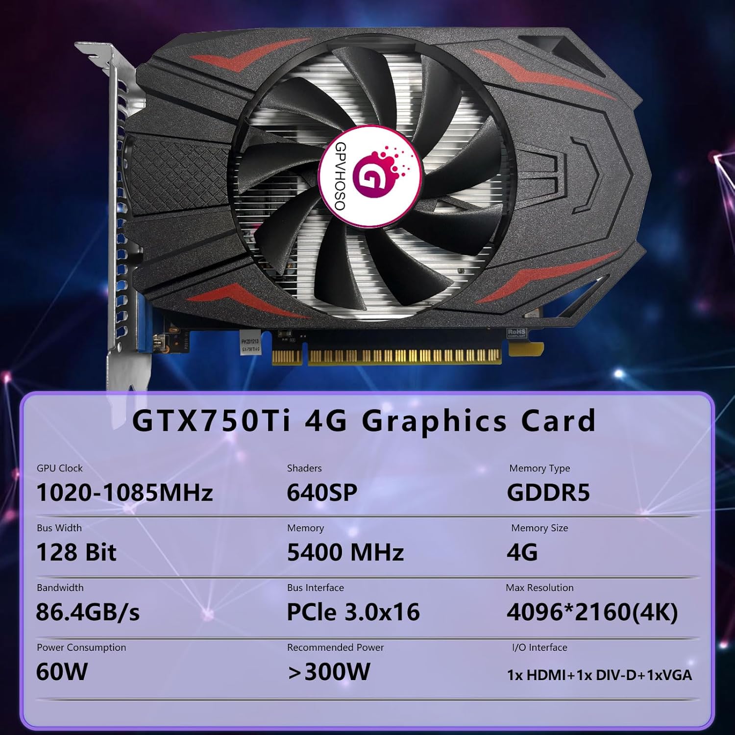 GPVHOSO GTX 750Ti 4GB GDDR5 Graphics Card, 640SP 128bit Direct X12 Computer Video Cards, PCI Express 3.0x16 Interface, VGA, HDMI, DVI-D, Low Power GPU for Working Gaming