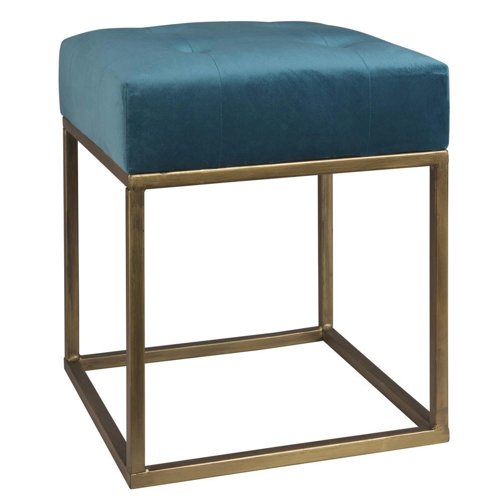 NERO - Tabouret capitonné bleu canard pieds en métal doré