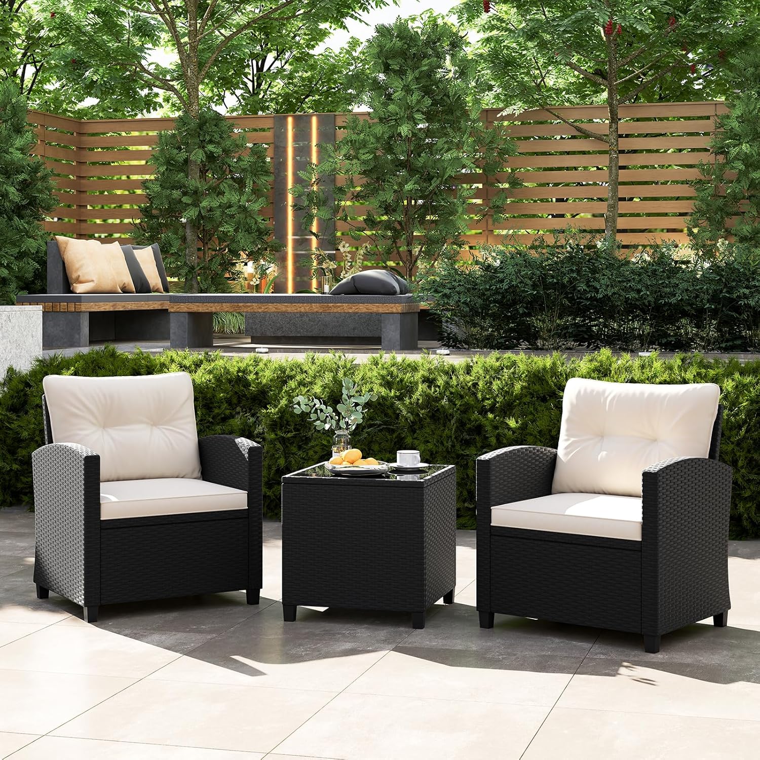 Tangkula 3 Piece Patio Furniture Set  Rattan Conversation Set w/Soft Seat & Back Cushions  Tempered Glass Topped Coffee Table  Cushioned Wicker Seating Set for Backyard  Porch  Poolside (Off White)