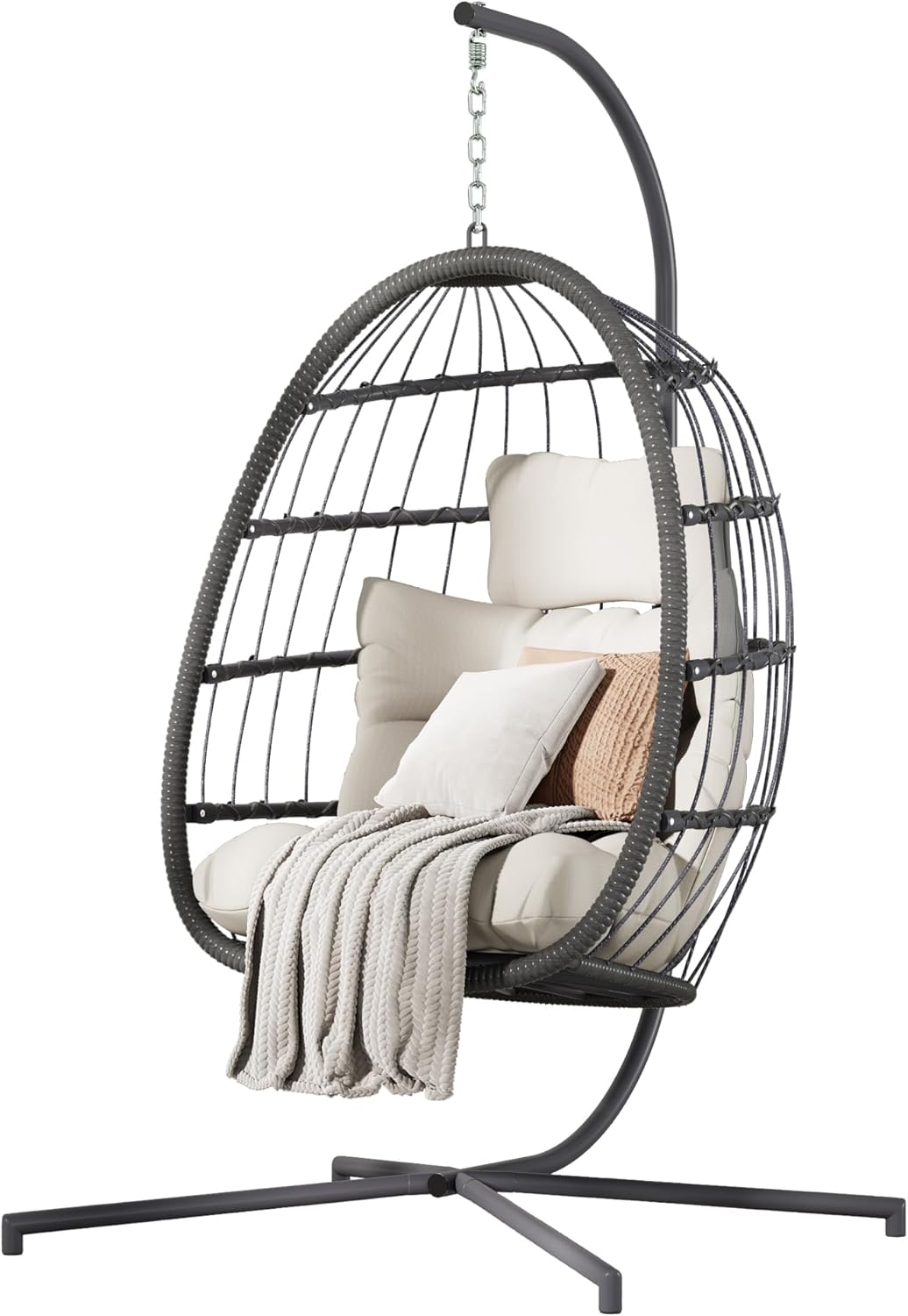 HWB Hanging Egg Chair with Stand, Patio Wicker Egg Swing Chair with Cushion for Bedroom Garden Indoor Outdoor (Beige)