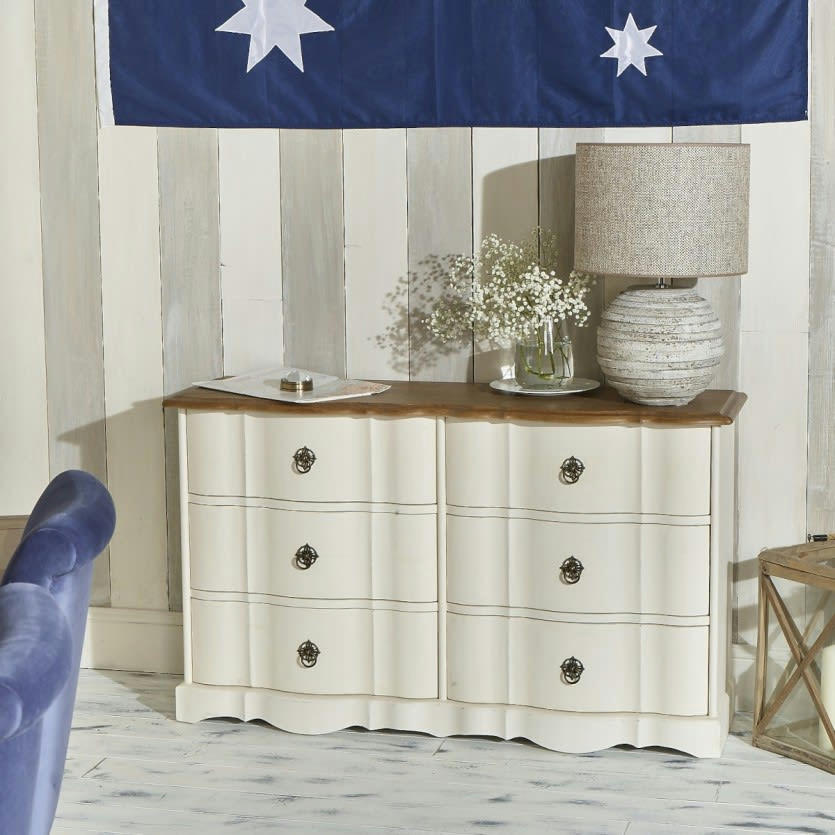 ALYSSA - Commode plateau chêne 6 tiroirs blanche