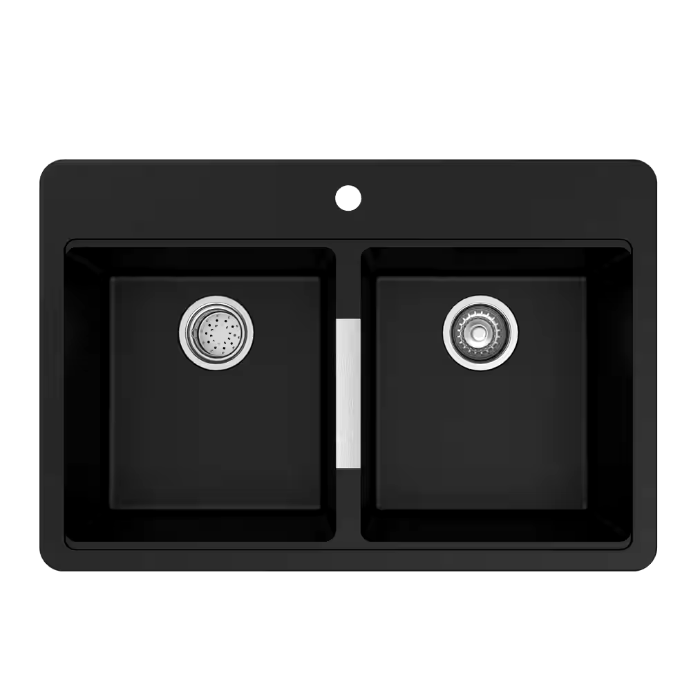 Kraus Quarza Undermount Granite Double Bowl Kitchen Sink, Black Onyx, 33x22x10-in