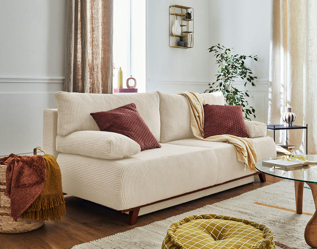 CRISTAL - Canapé droit convertible 3 places en velours côtelé beige