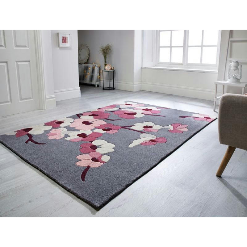 CERISIER - Tapis de Salon Moderne rose et gris fleurs 120 x 170