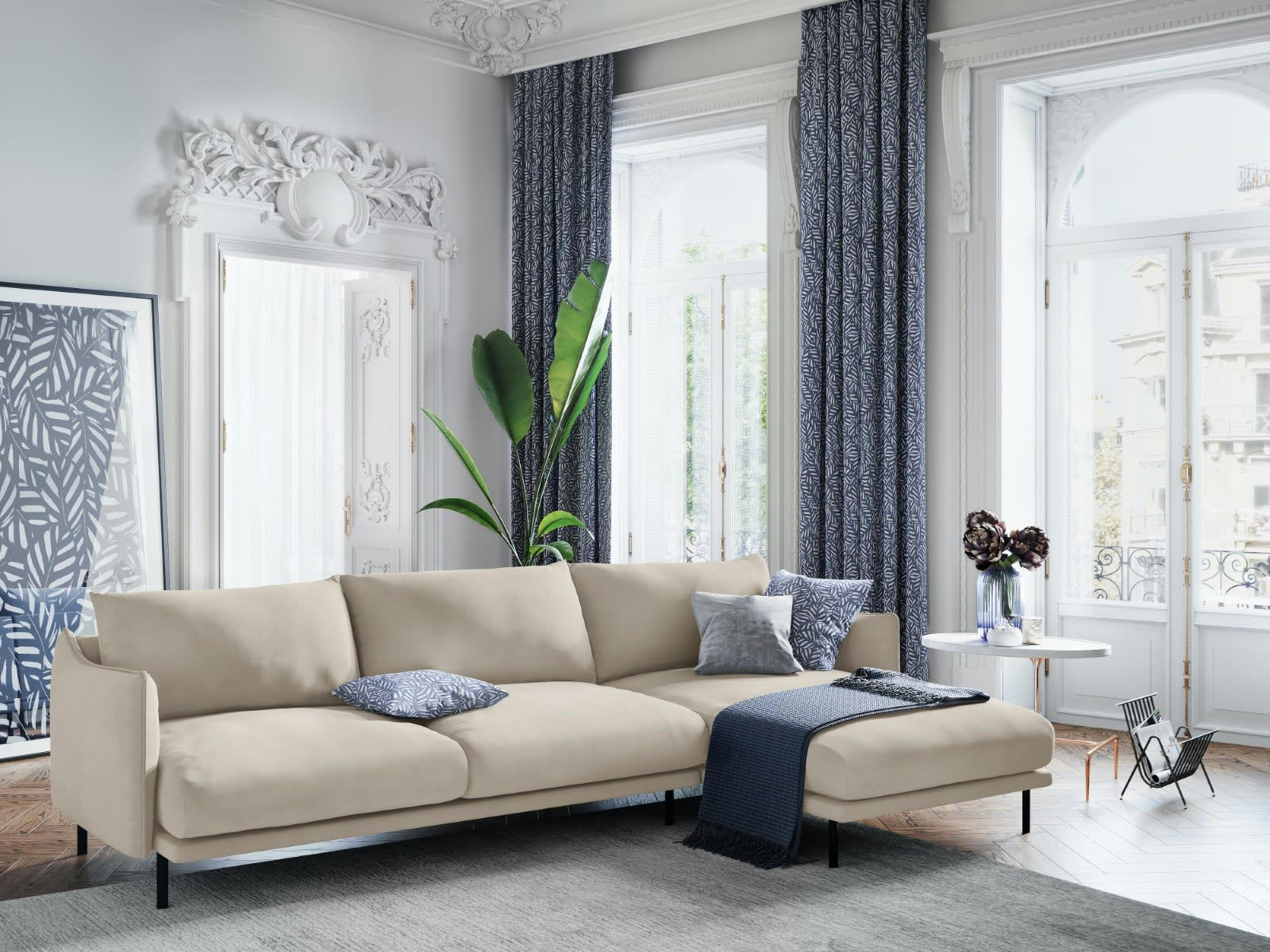 PARIS - Canapé D'Angle Droit 5 places en Velours Beige