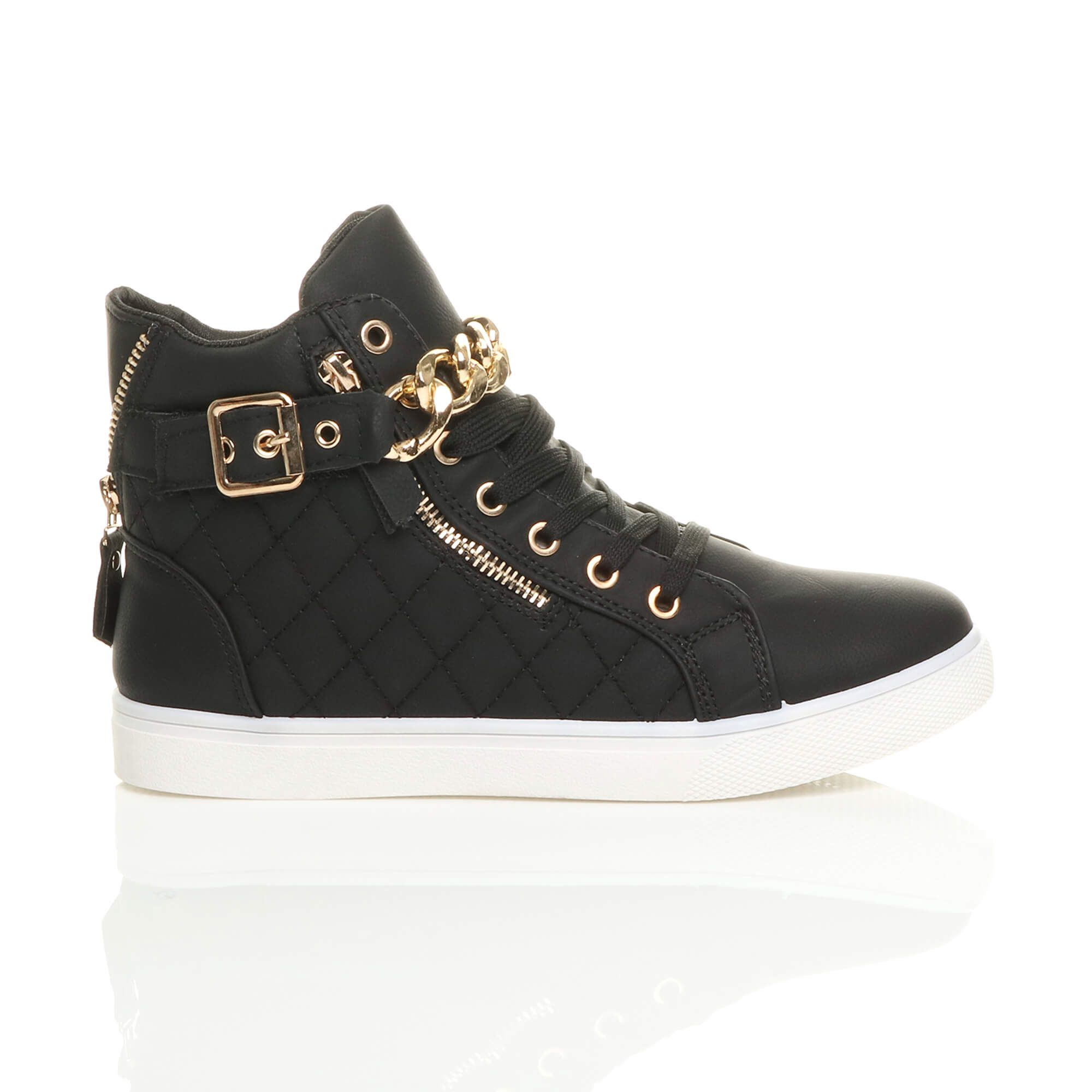 AJVANI Low Heel Gold Chain Lace Up Trainers Faux Leather Hi Tops