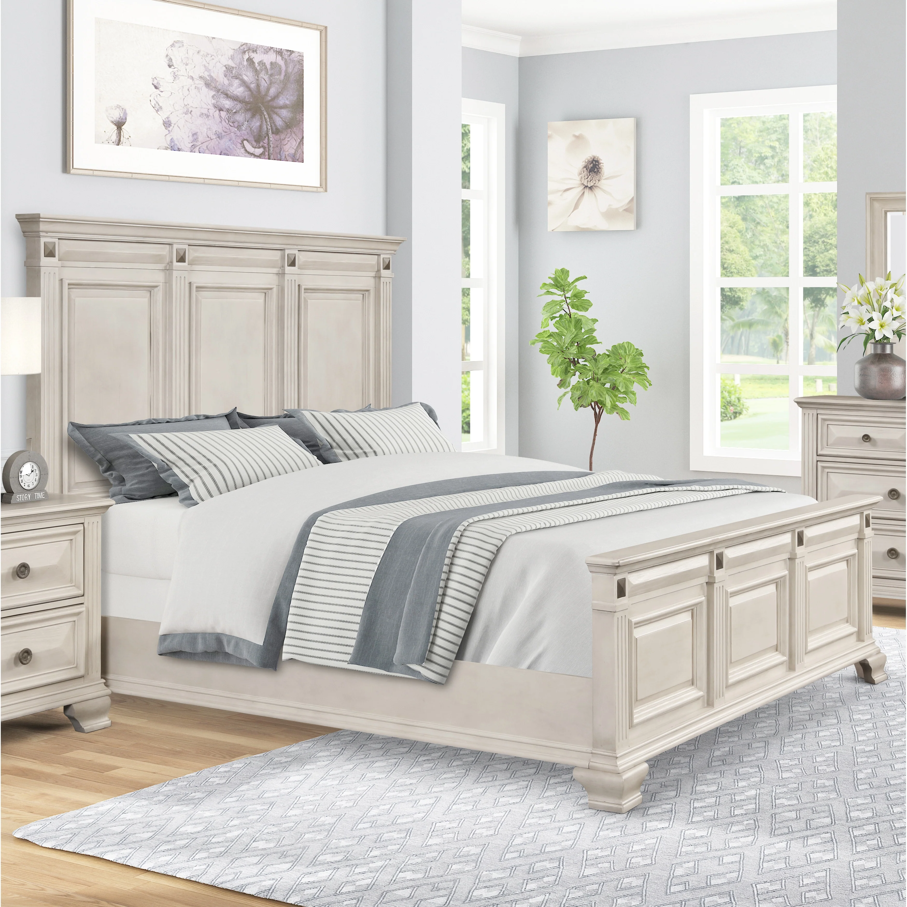 Roundhill Furniture Renova Distressed Parchment Wood Bedroom Set, Panel Bed, Dresser, Mirror, Nightstand