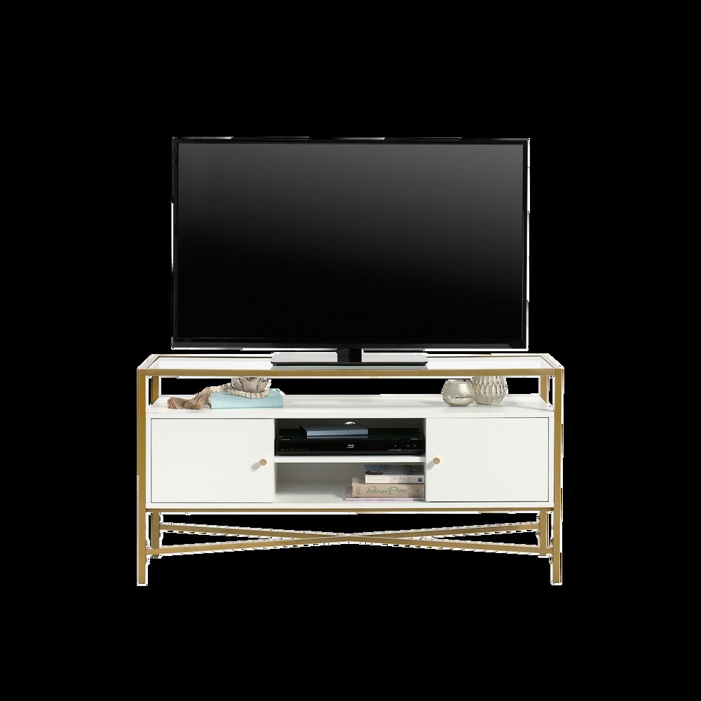 Sauder Harper Heights Tempered Glass Top TV Stand with Storage, White