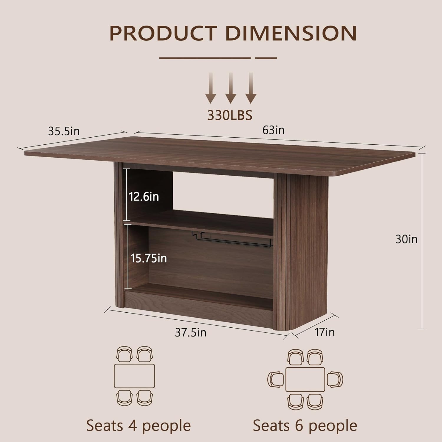 FUQARHY Dining Table for 6, Small Rectangular Kitchen Table for 4 with 2-Tier Storage Shelf, Farmhouse Modern Fluted Wood Table (Walnut)