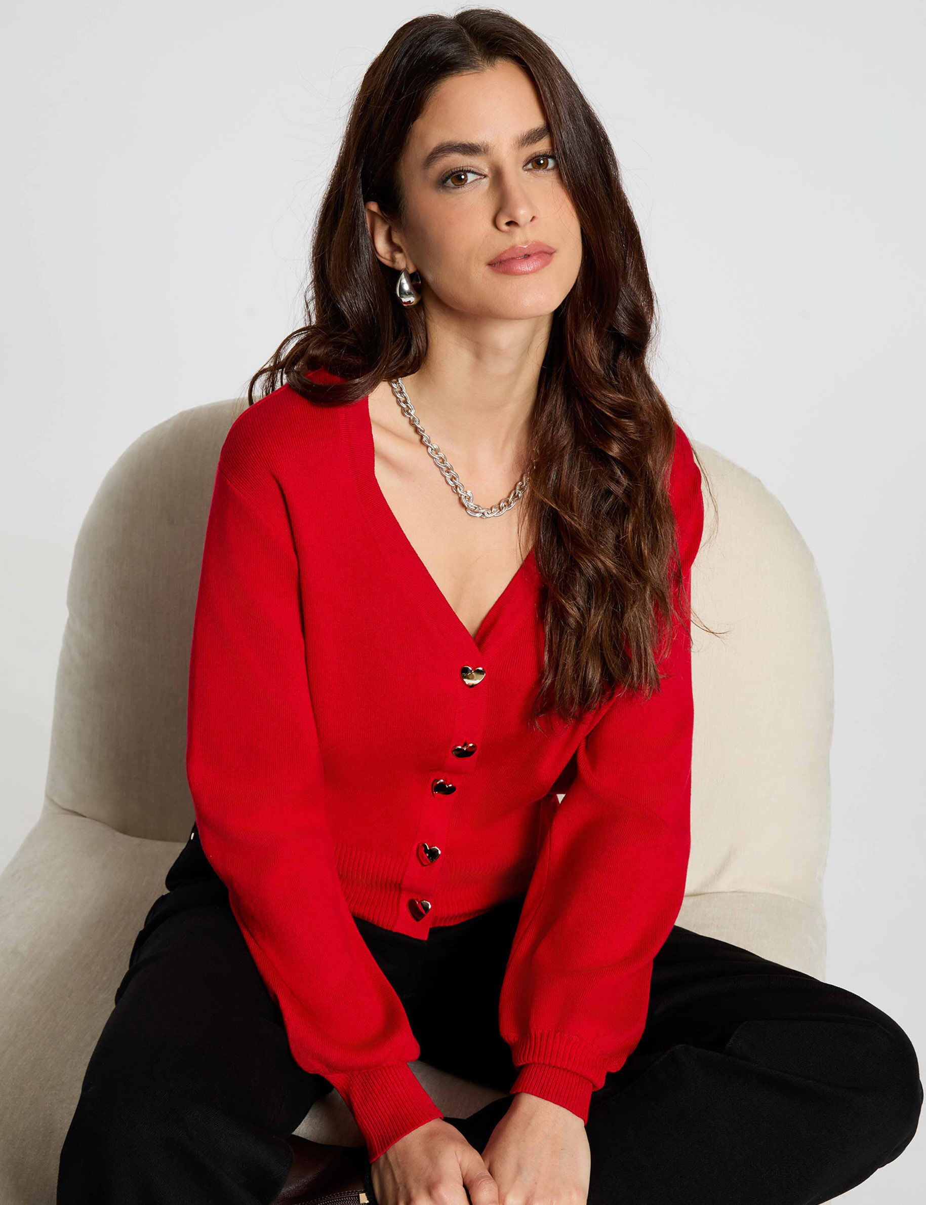 Fitted V-Neck Cardigan Red Women