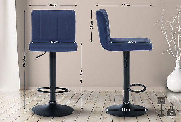 Lot de 2 tabourets de bar Jamie velours, réglable en hauteur, avec repose-pieds, pivotant à 360 , pied en trompette Bleu
