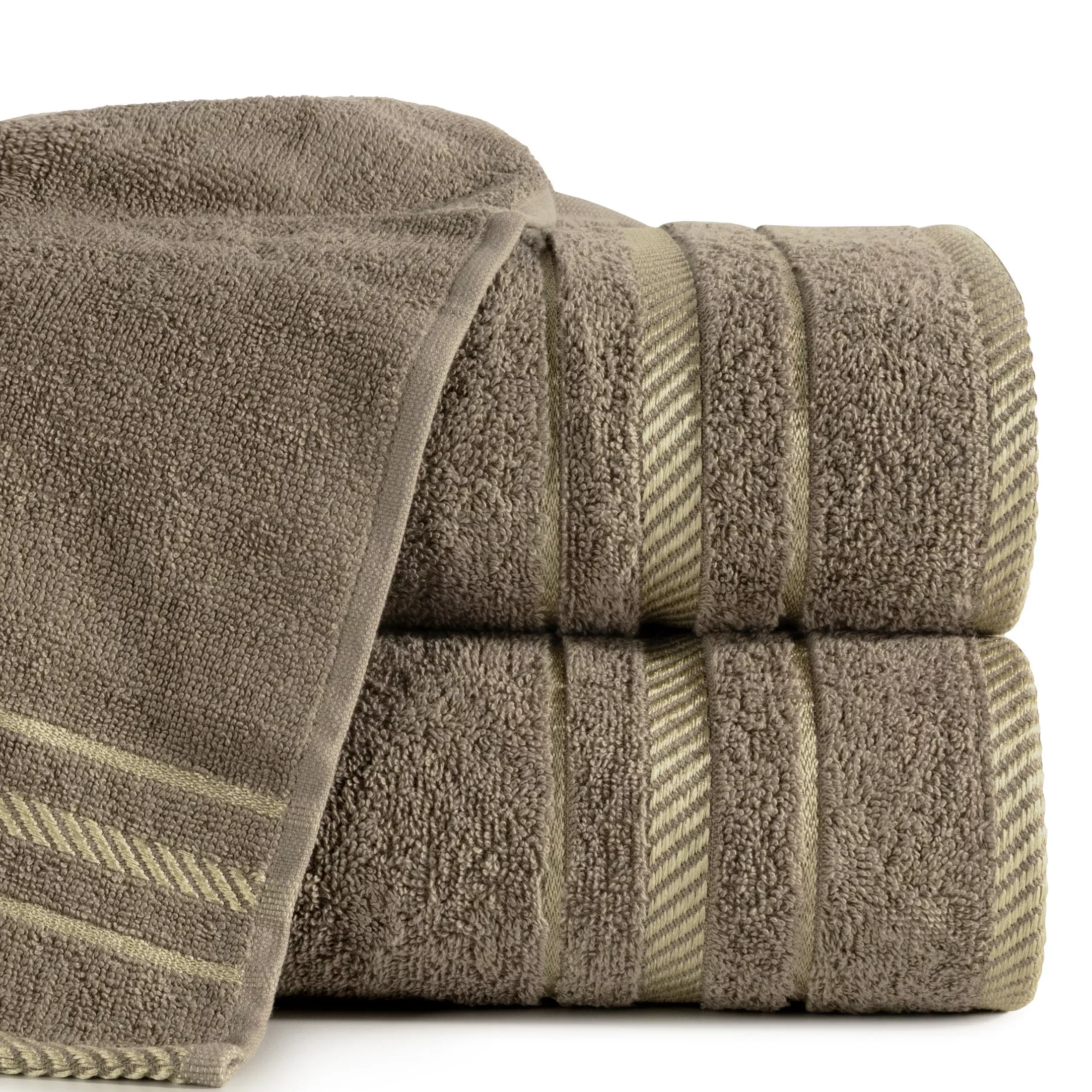 Ręcznik kąpielowy 50x90 cm bawełniany kolor brązowy z bordiurą podkreśloną żakardowymi paseczkami 480 g/m2 KORAL