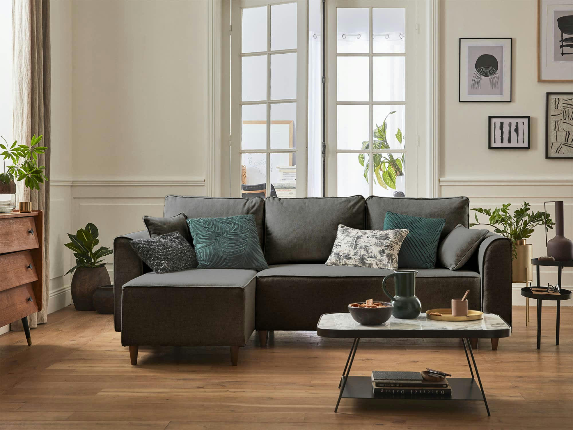 SAPHIR - Canapé d'angle réversible convertible 4 places en tissu gris foncé