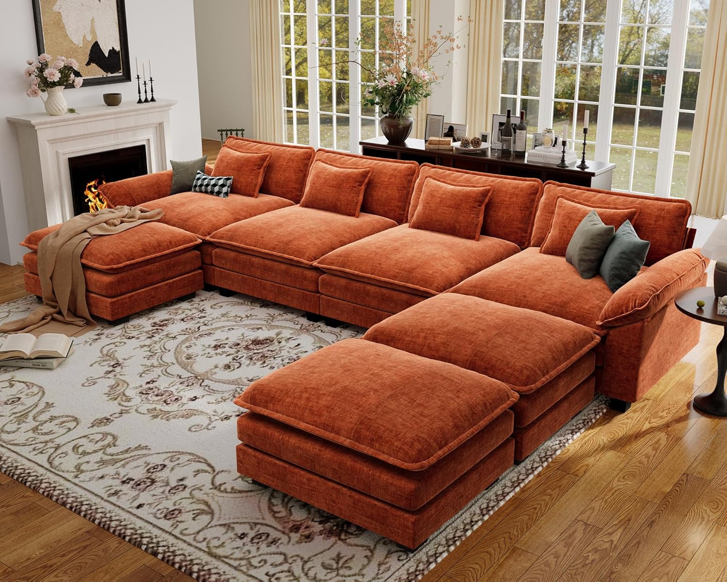 CDCASA 154 Oversized Modular Sectional Sofa, Comfy U-Shaped Cloud Couch w/ 3 Movable Ottomans, 7-Seater Chenille Deep Seat Modern Sofa Couch for Living Room, Terracotta Orange