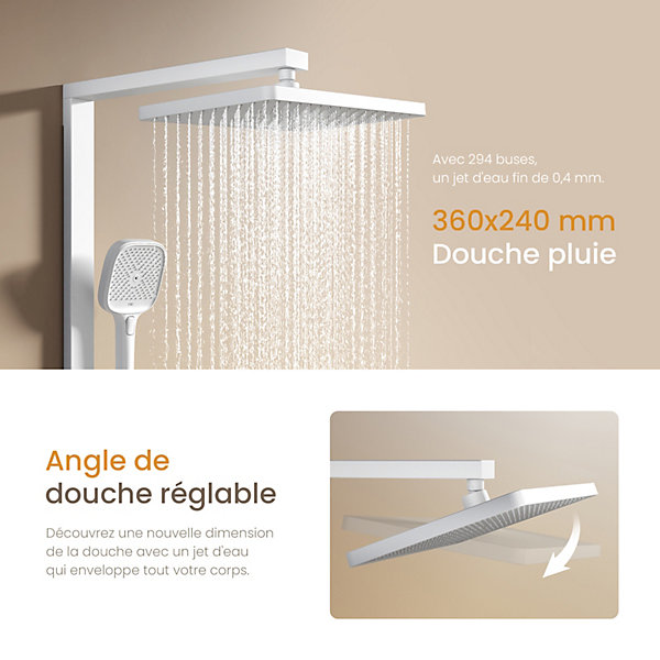 EMKE Colonne de douche thermostatique, pluie 36x24 cm, douchette 4 jets, débit réglable, barre et flexible inclus, blanc