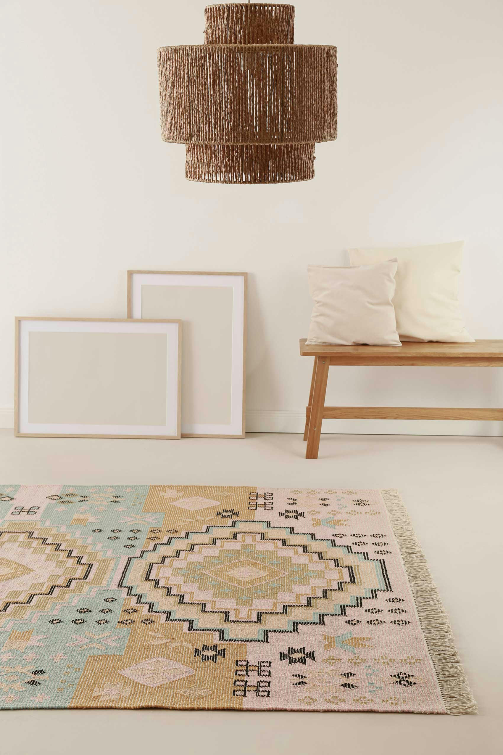 MAYENNE - Tapis ethnique tissé main laine et coton multicolore pastel 160x230