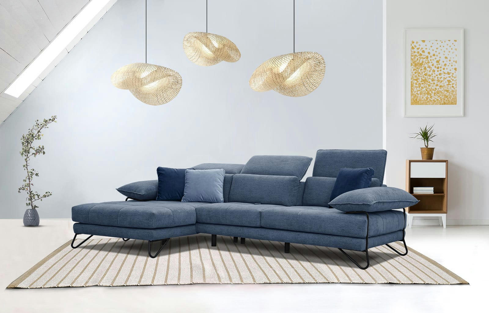 NORDEN - Canapé d'angle gauche 4 places en tissu bleu foncé avec coussins déco