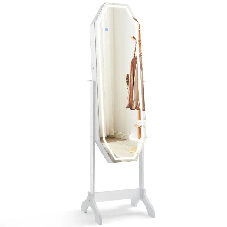 Standing Jewelry Cabinet Armoire Organizer LED Light Mirror Lockable White - 17.5'' x 15.5'' x 63.5'' (L x W x H)
