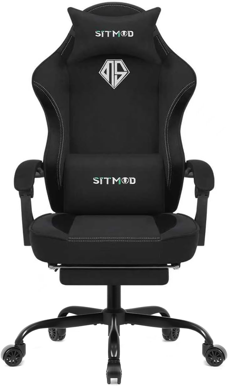 Gaming Chair, Video Gaming Chairs for Adults, Comfy Fabric Computer Office Chair with Pocket Spring Cushion, 350lb Heavy Duty Ergonomic Gamer Chair, 360° Swivel, Lumbar Headrest, 90-150° Recline Black